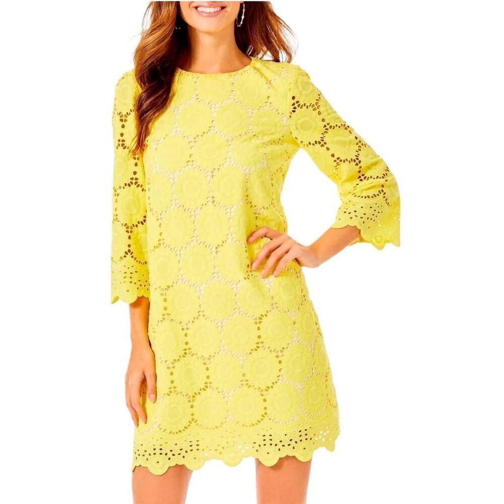 Lilly Pulitzer Mariella Dress Floral Scallop Eyelet Yellow Size 0